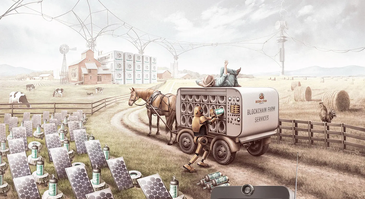 Ricker Lyman website illustration of a horse-drawn cart on an alternative-reality farm