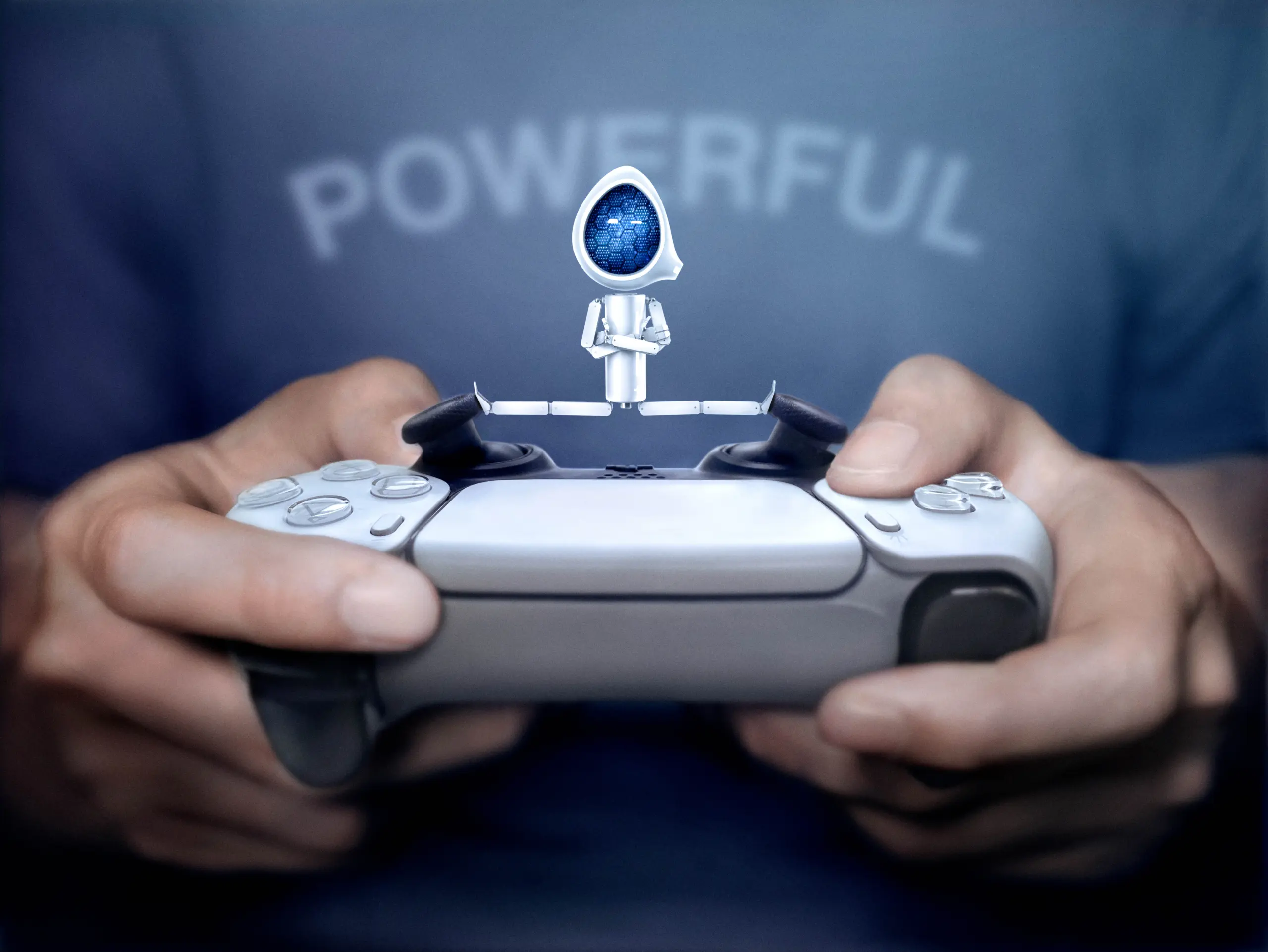 Ambiq robot mascot standing on a game controller held in two hands