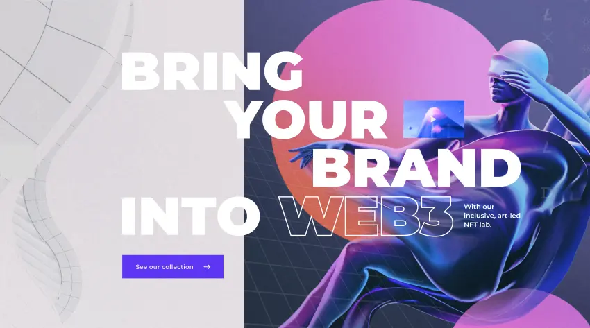BABS website hero with the headline Bring Your Brand Into Web3 and a 3D figure