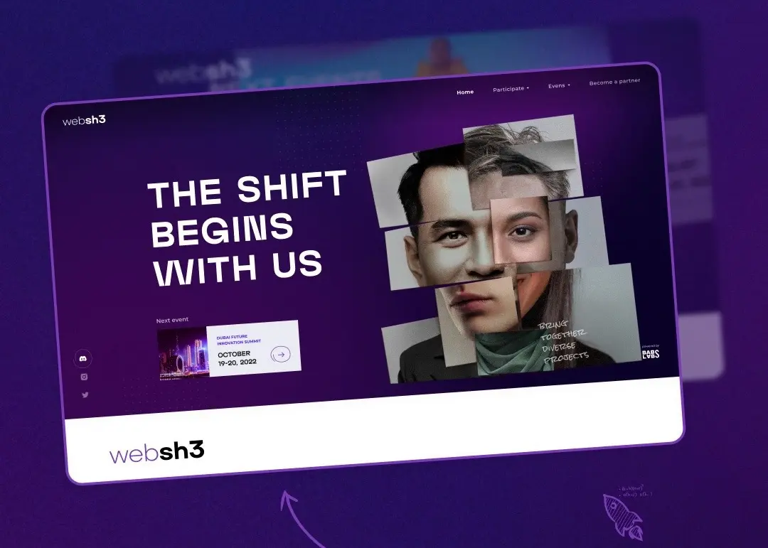 Websh3 website home page mockup with the headline The Shift Begins With Us