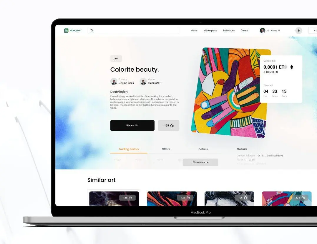 NFT marketplace home page mockup on a laptop with a colorful artwork listing